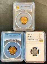 3 Coins: 1942/43/44-D 1C RD Lincoln Wheat Penny PCGS & NGC MS65 Gem Uncirculated