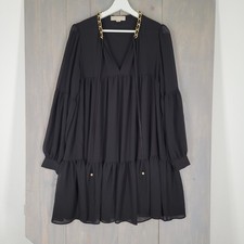 Michael Kors Babydoll Dress Womens M Black Gold Chain Detail Tiered Chiffon Mini