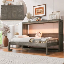 Twin Size Murphy Cabinet Bed with LED Solid Wood Hidden Wall Bed Platform Frames