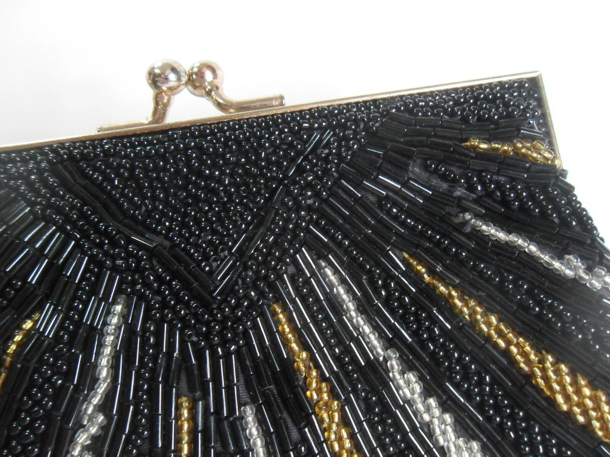 Beaded Purse La Regale Ltd Evening Handbag Cross body Black Gold Silver  Seashell