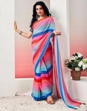 Women's Georgette Printed Ready To Wear Saree With Unstitched Blouse Piece