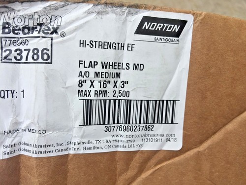 NORTON HI-STRENGTH EF FLAP WHEELS MD A/O MEDIUM 8x16x3 MAX RPM: 2,500 - Picture 3 of 5
