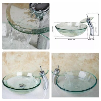LUXUS BADEZIMMER GLASBECKEN PASSEND RUNDGLAS WASSERFALL WASSERHAHN + POP UP ABFALL