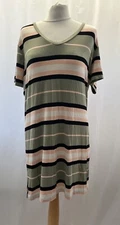 F&F Green Striped V Neck Knee Length T-shirt Dress Size 12