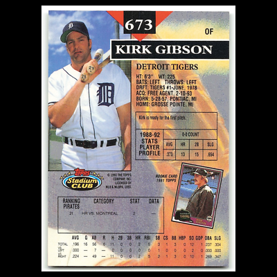 Kirk Gibson #673 1993 Topps Stadium Club Detroit Tigers Baseball