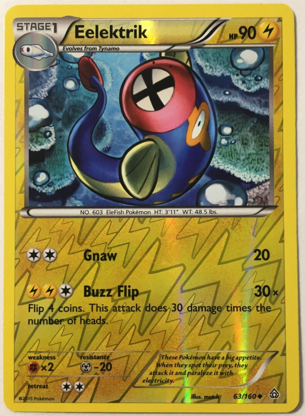 POKEMON EELEKTRIK 63/160 PRIMAL CLASH UNCOMMON REVERSE HOLO NEAR MINT