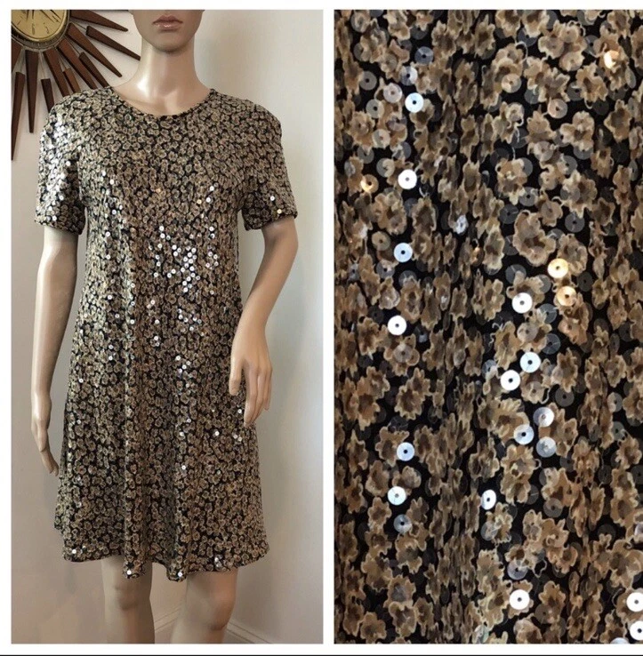 Vtg 90s Ditsy Floral Full Sequin A-line Short Sleeve Twirl Party Dress S 6