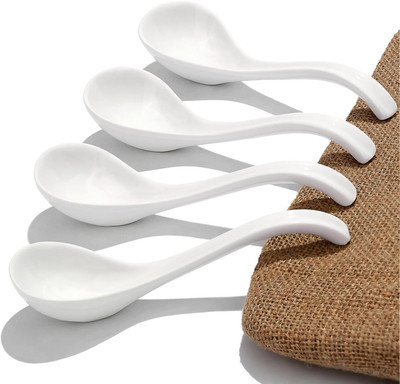 Asian Ceramic Soup Spoon with Long Handle Easy to Hold, Non-Slip Bottom, for Sou