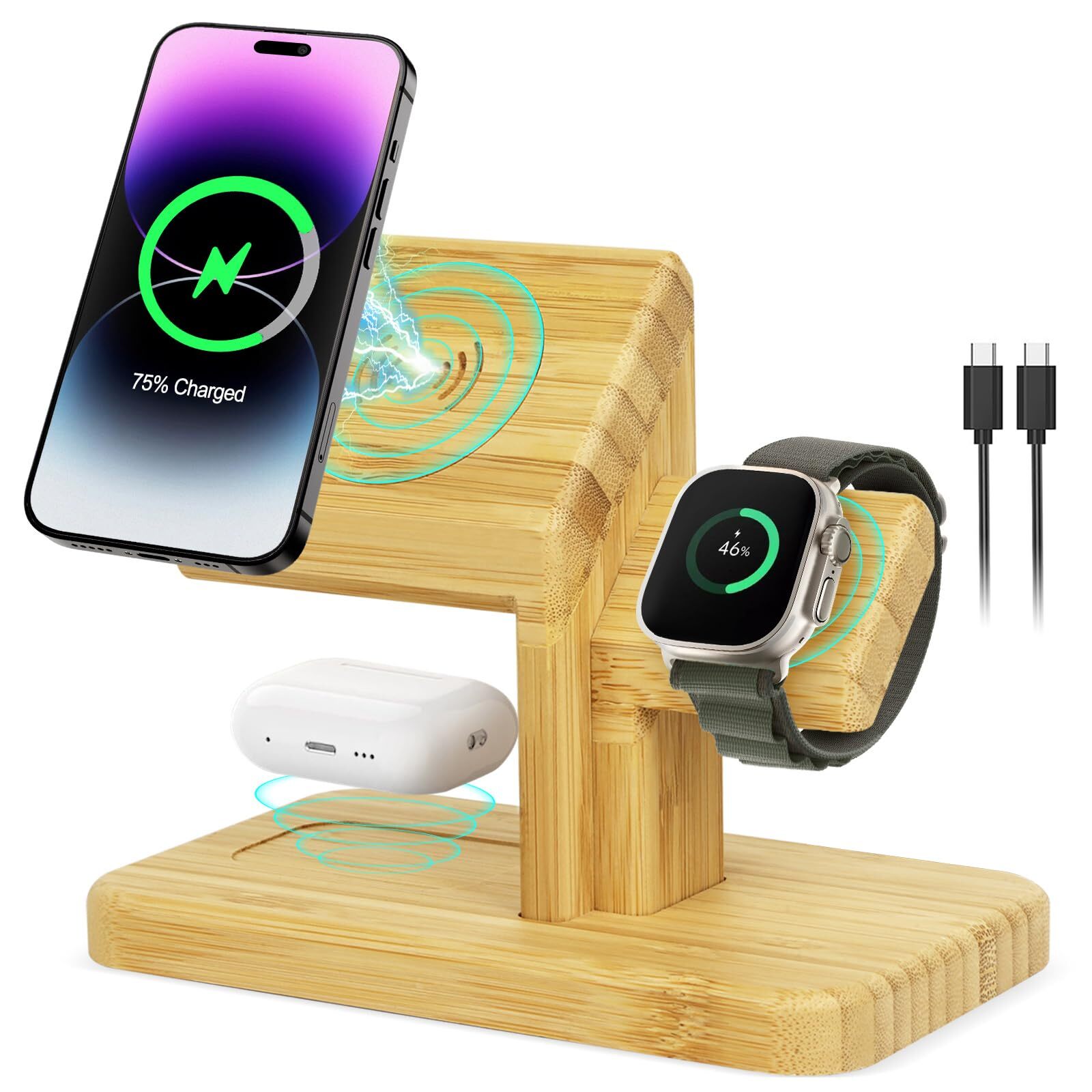 3 in 1 Wireless Charging Station for Apple Devices, Fast 20W Magnetic Bamboo ...