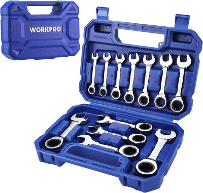 #ad WORKPRO 12 piece Stubby Ratcheting Wrench Set Metric 8 19mm 72 Tooth Cr V Steel $59.99
