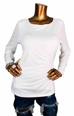 Carmen Marc Valvo L Top Stretch White Long Sleeves Crew Neck Blouse Sexy Pleated