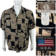 Kalaheo Mens Large Good Luck Symbols Rayon Shirt Made In USA Hawaii All Over EUC