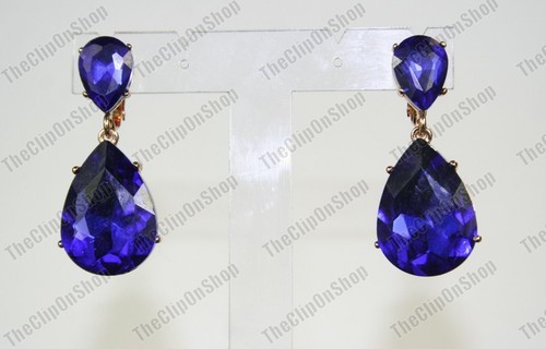 CLIP ON 4cm BIG CRYSTAL DROPS EARRINGS sapphire blue SPARKLY gold plated GLASS - Picture 7 of 9