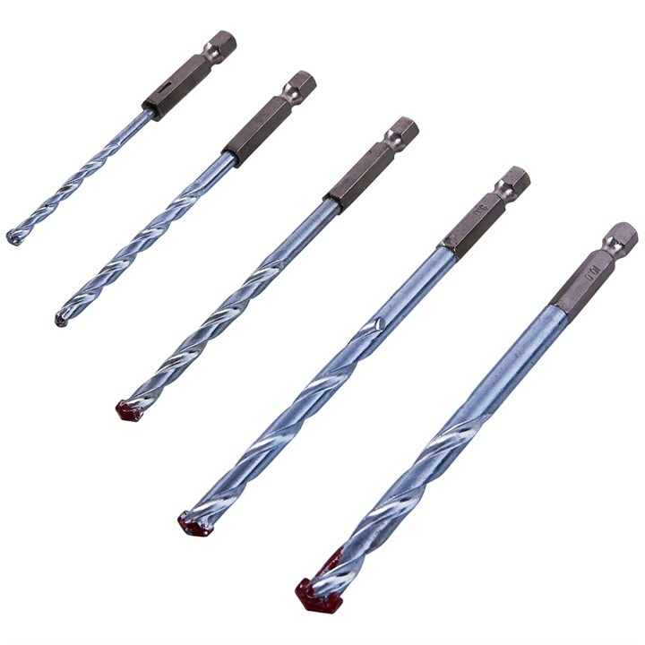 5pc Masonry Drill Bit Set 1/4"" Hex Shank Quick Release 4mm 5mm 6mm 8mm 10mm