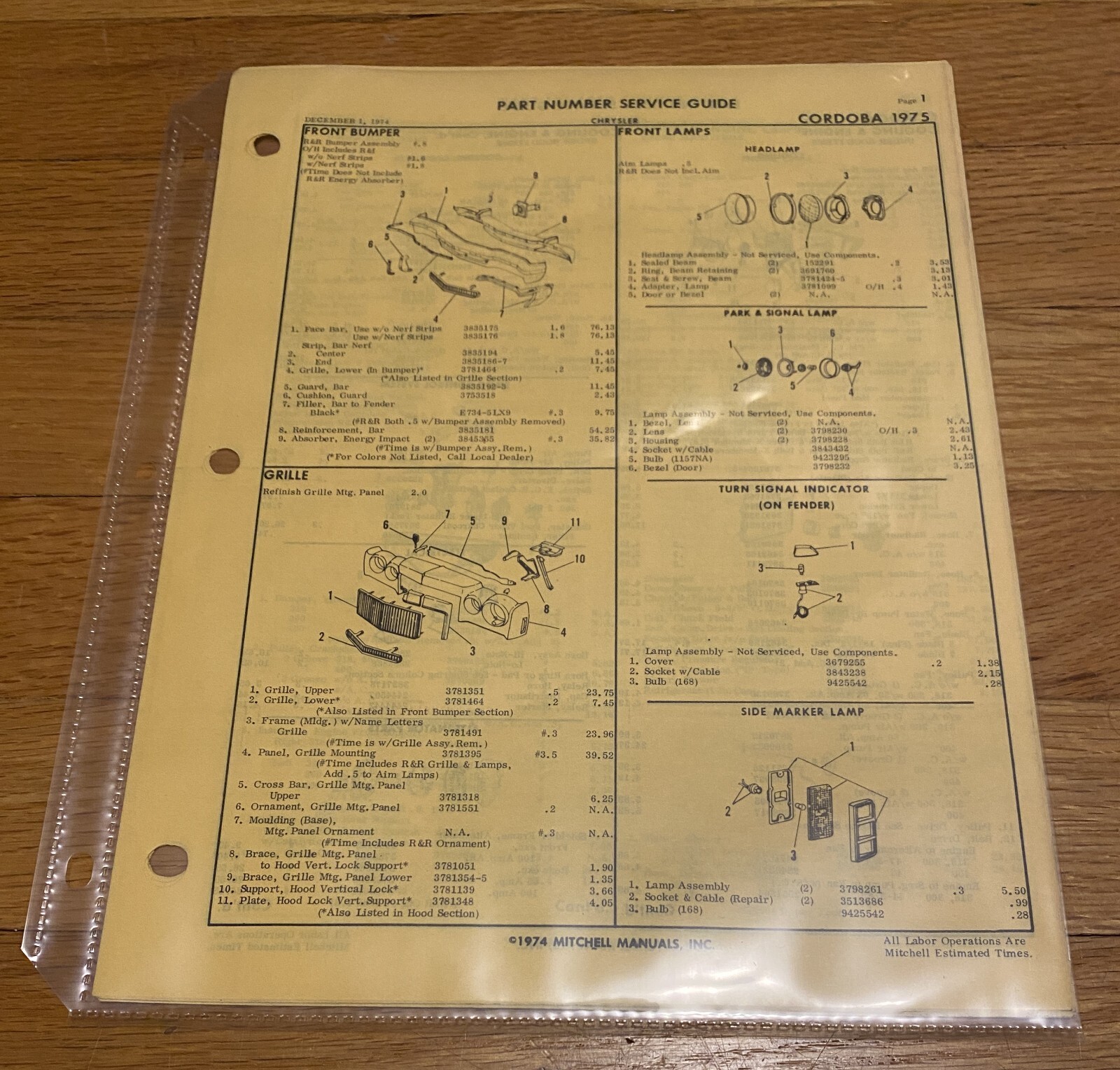 1975 Chrysler CORDOBA PART NUMBERS/Parts Book 75 Mopar