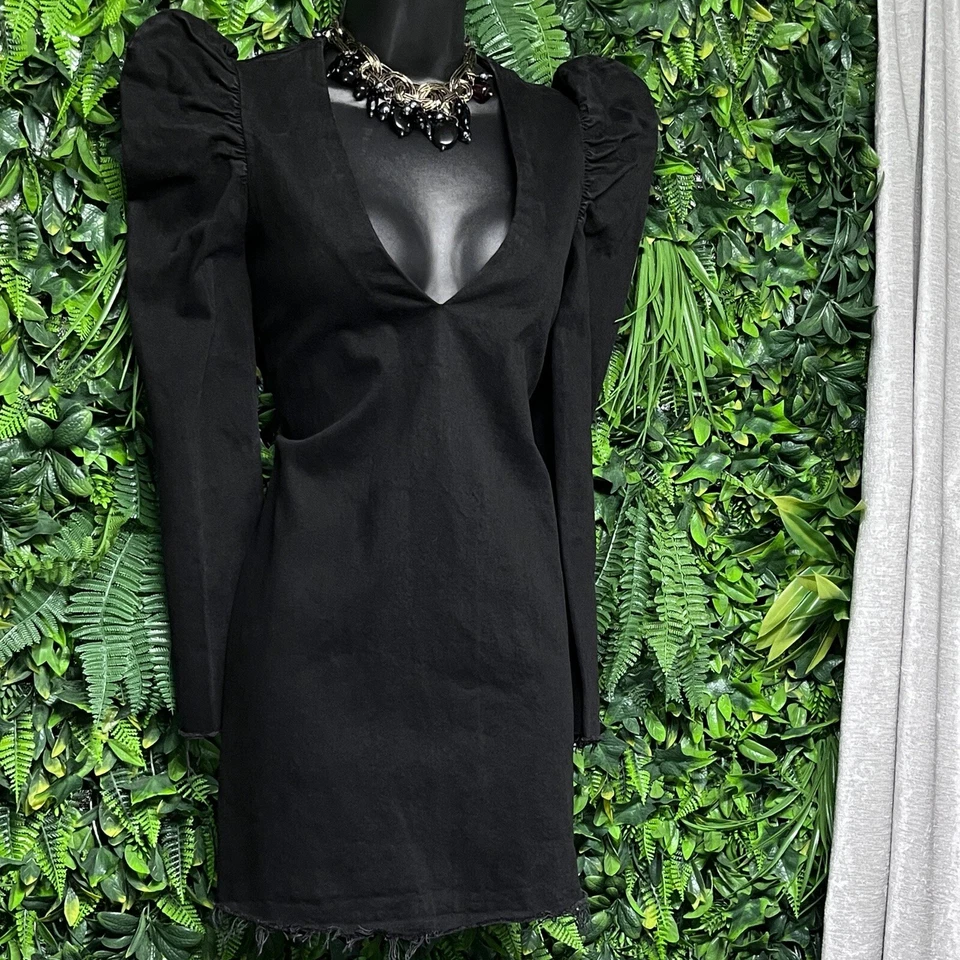 ZARA TRAFALUC Dress Women Small Black Denim Puff Sleeve Fringe Hem Jeans 2620 - Image 3 of 4