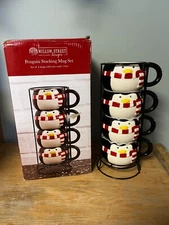 Willow Street Designs PENGUINS Winter Ceramic Stacking MUGS CUPS Set of 4 Stand