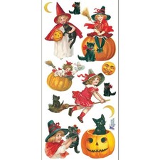 Violette Stickers Vintage Halloween Children Witches Black Cats Sticker Sheet