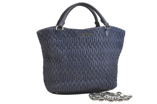Authentic MIU MIU Matelasse Leather 2Way Shoulder Hand Bag Purse Navy Blue AA322