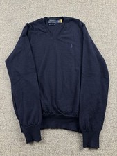 Polo Ralph Lauren Merino Wool Sweater Men  s M V-Neck Navy Blue Pullover Preppy