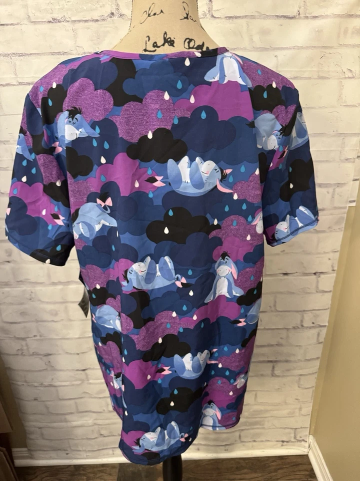 Disney Size Large Eeyore Rain V Neck Scrub Top Winnie The Pooh Purple Blue New - Image 2 of 4