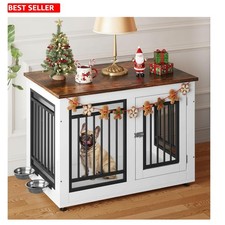 35" Elegant Wooden Dog Crate End Table with Adjustable Feet  Removable Bowls
