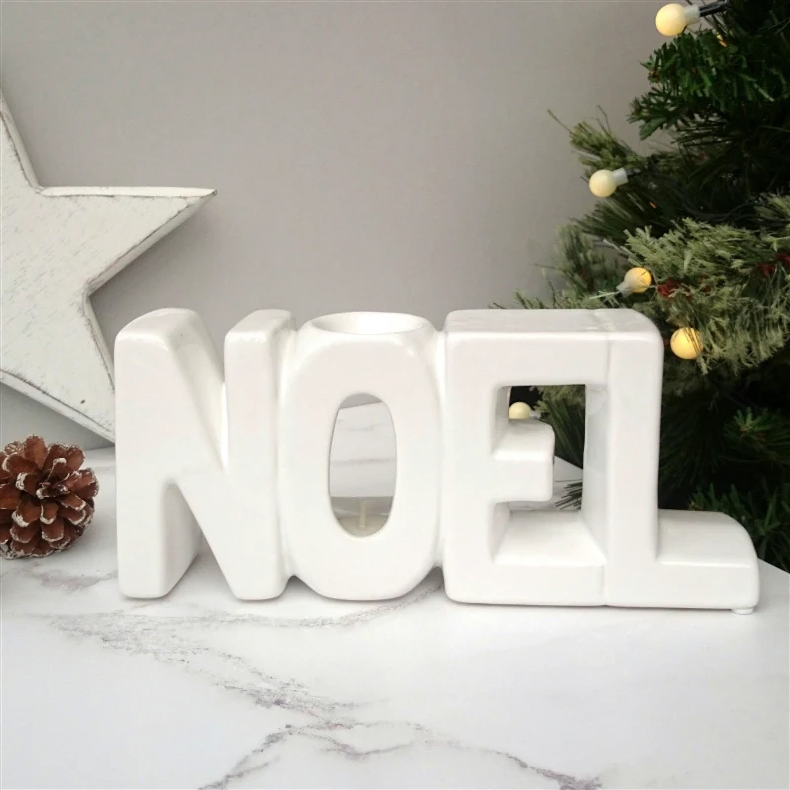 NOEL White Ceramic Wax Melter / Oil Burner Ornament, Christmas Decoration, Gift