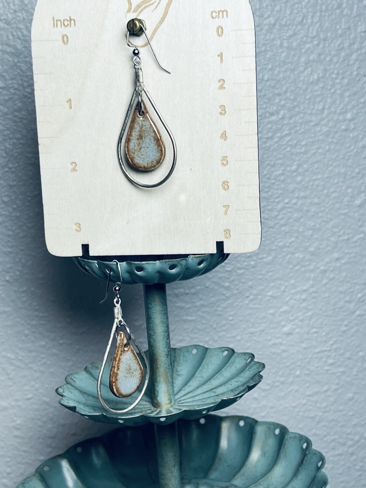 Rustic Double Teardrop Dangle Earrings Ceramic Sp… - image 7