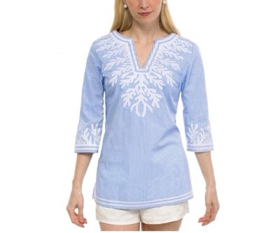 Gretchen Scott Womens M Tunic Top 3/4 Sleeve Boho Blue Reef Embroidery Beach