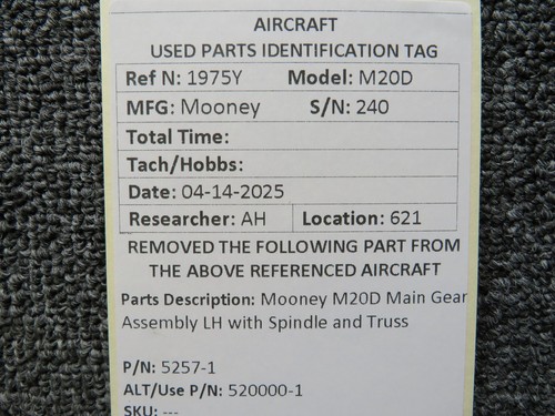 5257-1 (Use: 520000-1) Mooney M20D Main Gear Assembly LH with Spindle and Truss - Picture 22 of 22