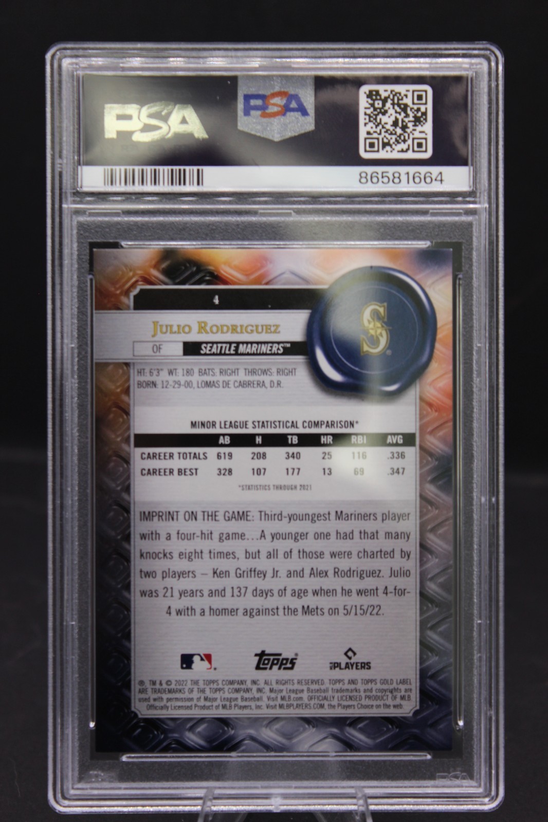 Julio Rodriguez 2022 Gold Label RC Class 1 Red /75 PSA 10 Mariners Baseball view 2