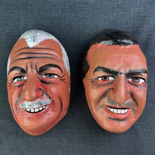 2 Paper Mache Face Mask Folk Art Halloween Carnival Hand Painted Man Lot Vintage