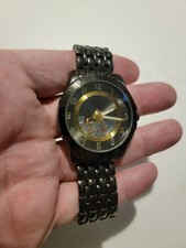 Mens Black Gold Tone Link Band Analog Watch S...