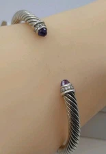 David Yurman Cuff 5mm  bangle , Amethyst, Diamond 6.5/ 7 Inches 