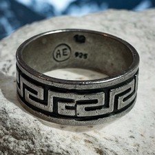 Men  s Vintage Sterling Silver AE Signed Celtic Greek Key Band Ring, Size 12