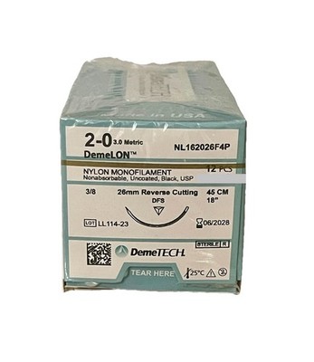 DemeLON 2-0 USP Nylon Sutures 18   DFS 26mm RC 3/8c EXP 06/2028 12ct NEW SEALED