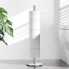 Brushed Nickel Freestanding Toilet Paper Holder w/ Shelf, Stores 5