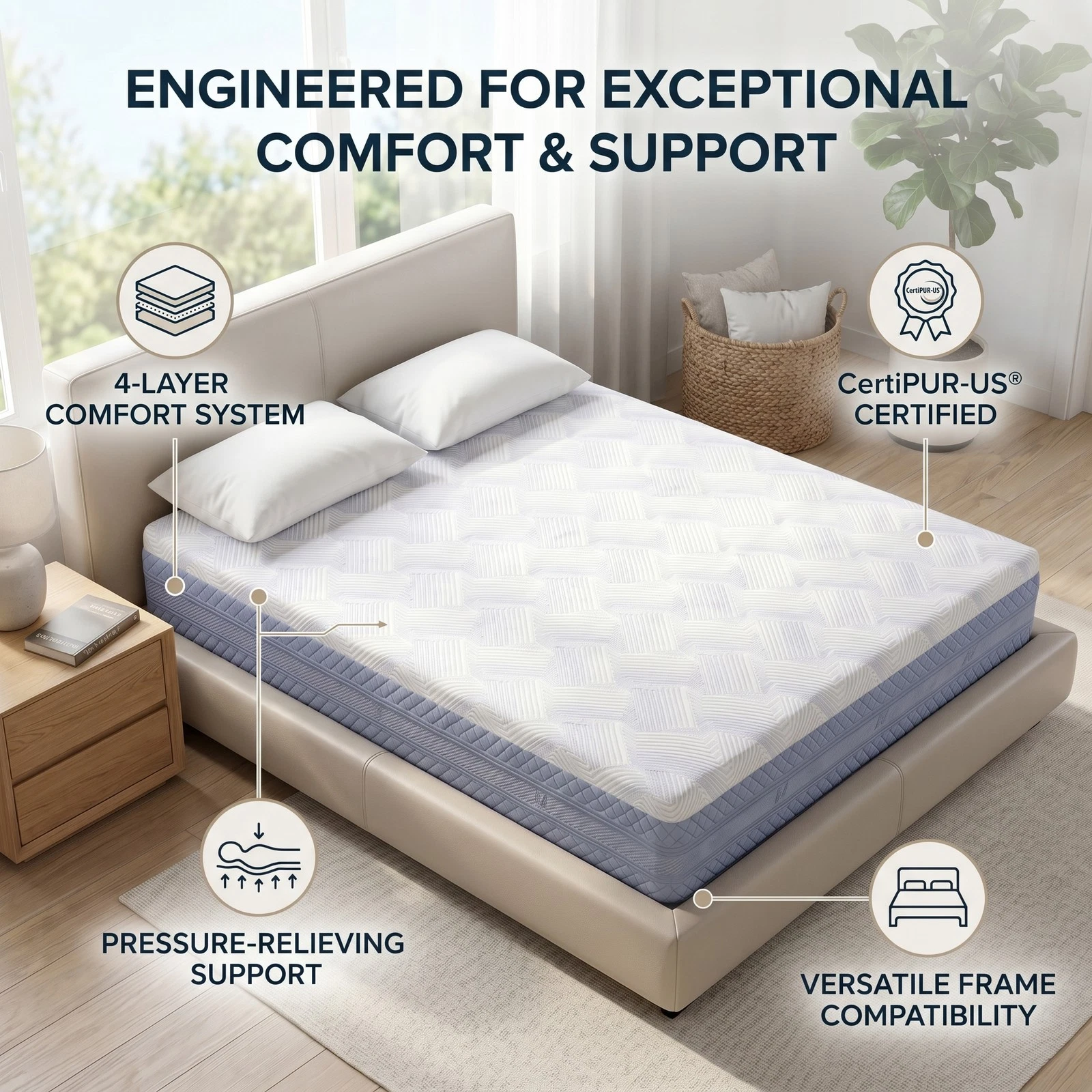 Queen Size Memory Foam Mattress 12 Inch 4-Layer Foam Pressure Point Relief Bed