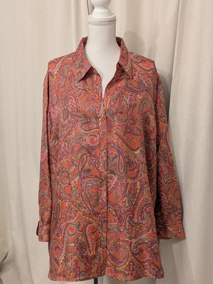 Jones New York Mujer 100% Seda Paisley Camisa Rara Talla 3x Botón Manga Larga Foto 2 de 4