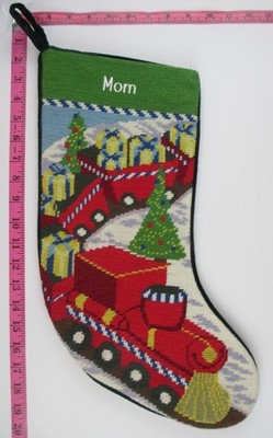 LANDS END Toy Train Wool Needlepoint Christmas Stocking Monogrammed MOM NEW