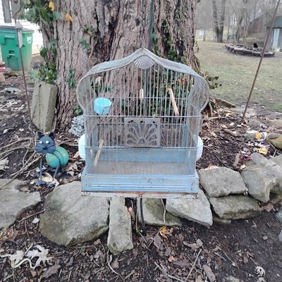 Vtg Art Deco 1930s Crown Bird Cage Original Baby Blue Paint w/ Swings & Feeders