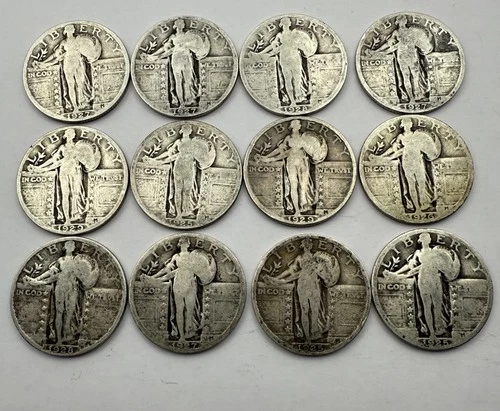 (12) Standing Liberty Silver Quarters with Dates-12 Coin Lot-Over 2 oz of Silver