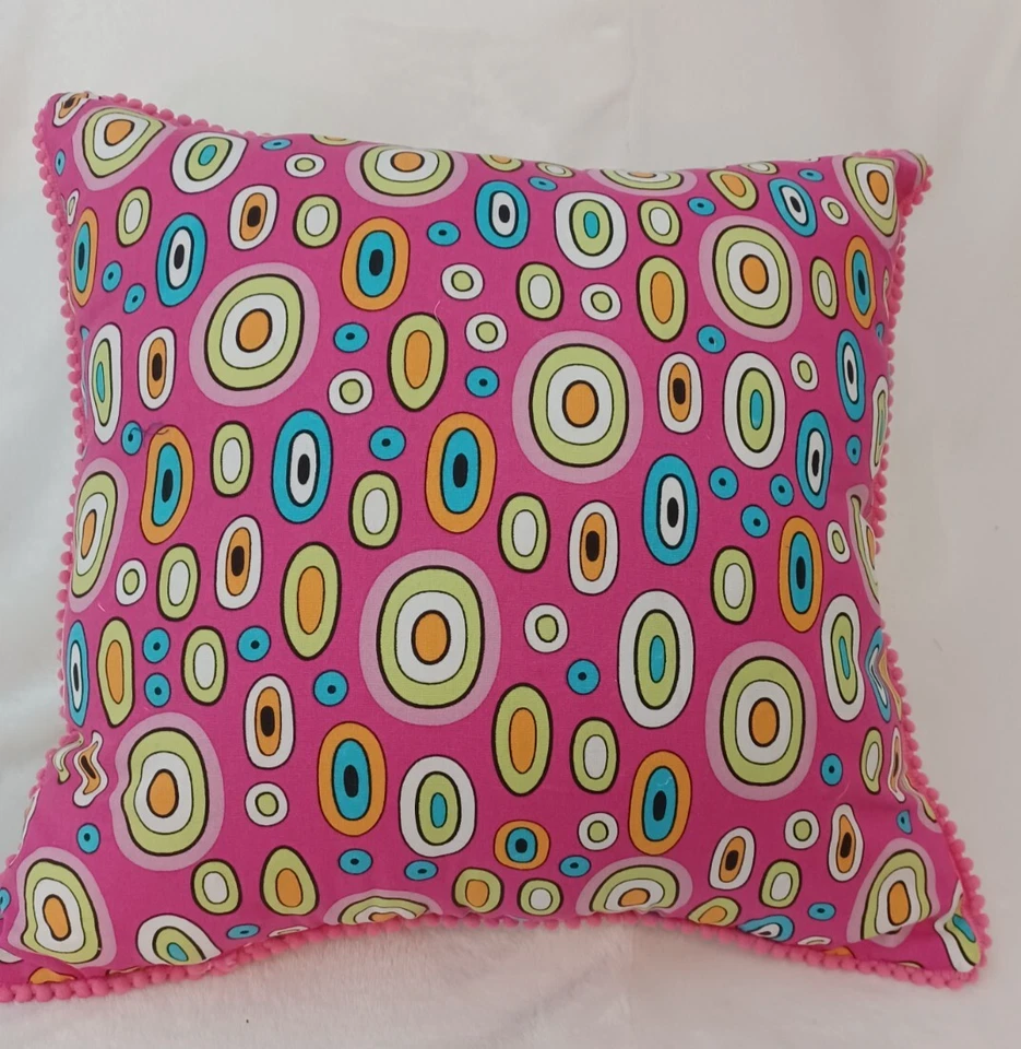 Handmade HAPPY CIRCLES Pillow w/Pom Pom Piping, Pink/Lime/Aqua, Cotton 14 x 14" - Image 2 of 2