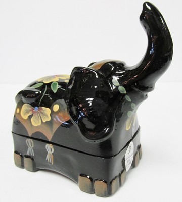 C5033M2 Fenton Elephant Trinket Box/RINGTREE, Black Art Glass Hand Painted N0S