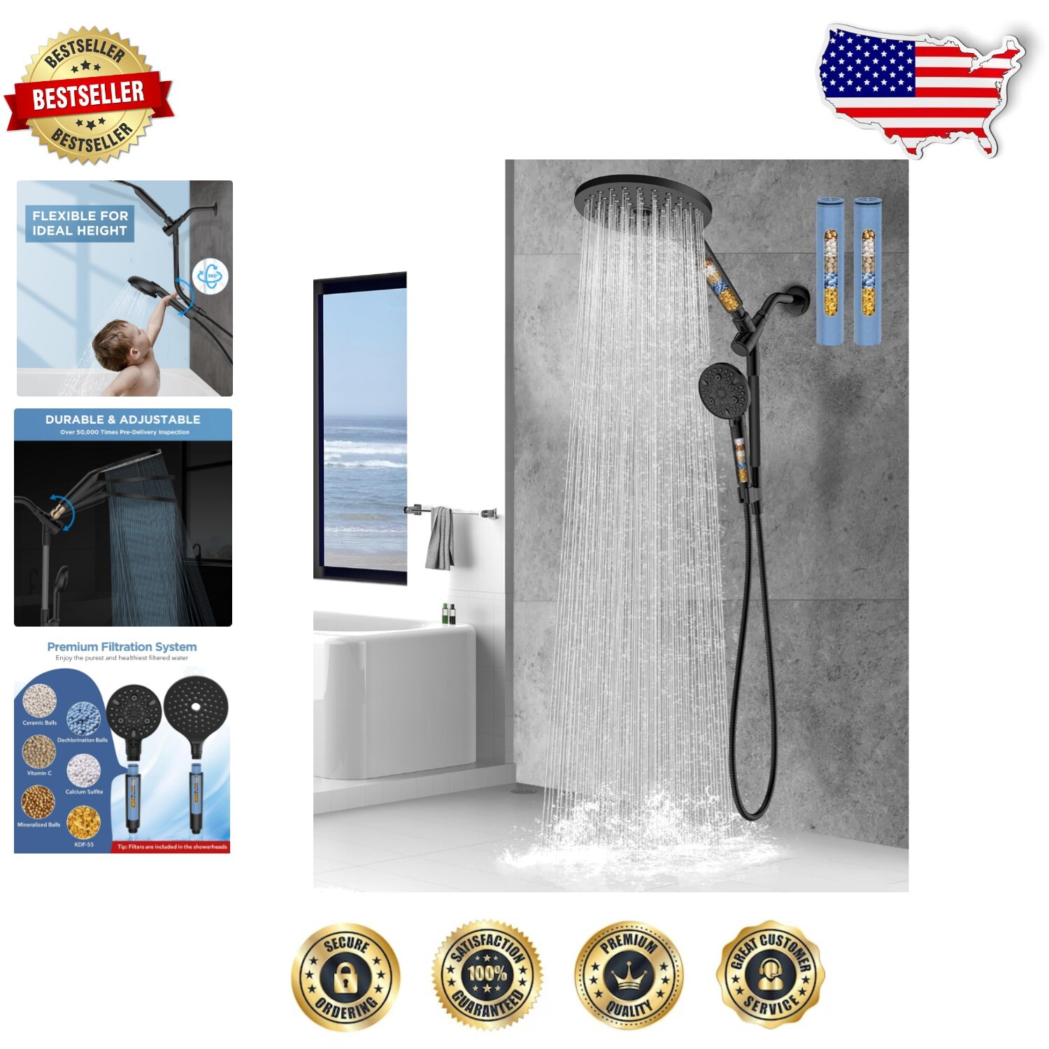 High Pressure Brass Matte Black Adjustable Shower Head Combo with Metal Bar