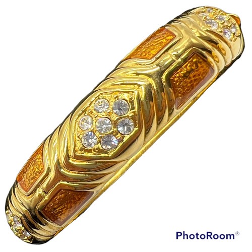 VTG Joan Rivers Hinged Bangle Bracelet Gold Tone Crystal Orange Enamel Honeycomb