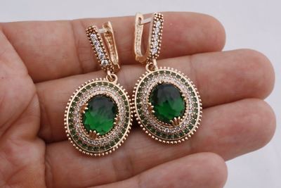 Turkish Jewelry Hurrem Sultan Oval Emerald Topaz 925 Sterling Silver Earrings