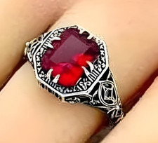 VIVID RED SIMULATED RUBY ANTIQUE STYLE 925 STERLING SILVER FILIGREE RING  1350