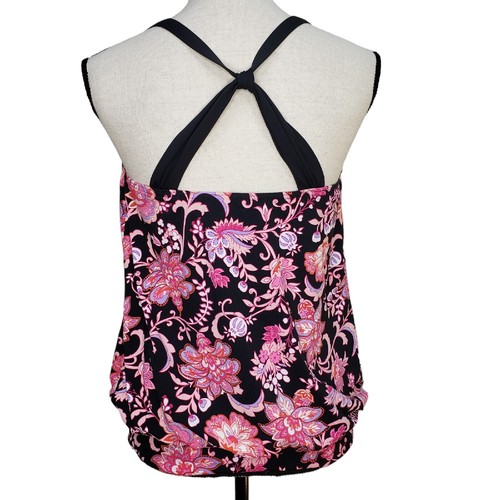 Lands End Swim Top Blouson Size 10D Black Pink Floral Racerback Shelf Bra - Picture 5 of 6