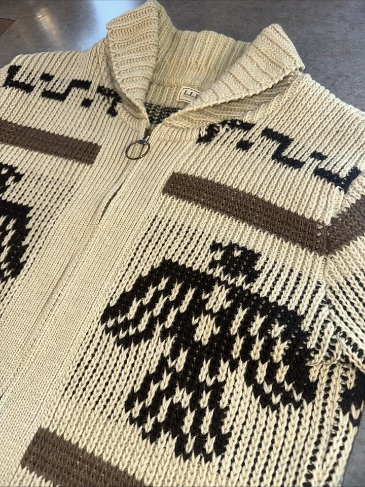 Vtg 70s LL BEAN Cowichan Sweater Cardigan Wool Shawl Collar Thunderbird RARE Med - Image 4 of 4